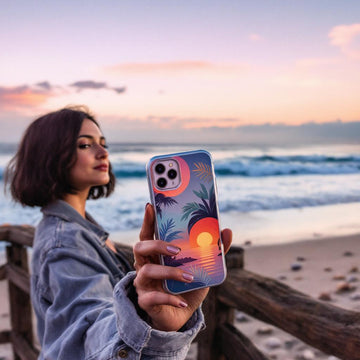 An adult female holding an iPhone case with custom image