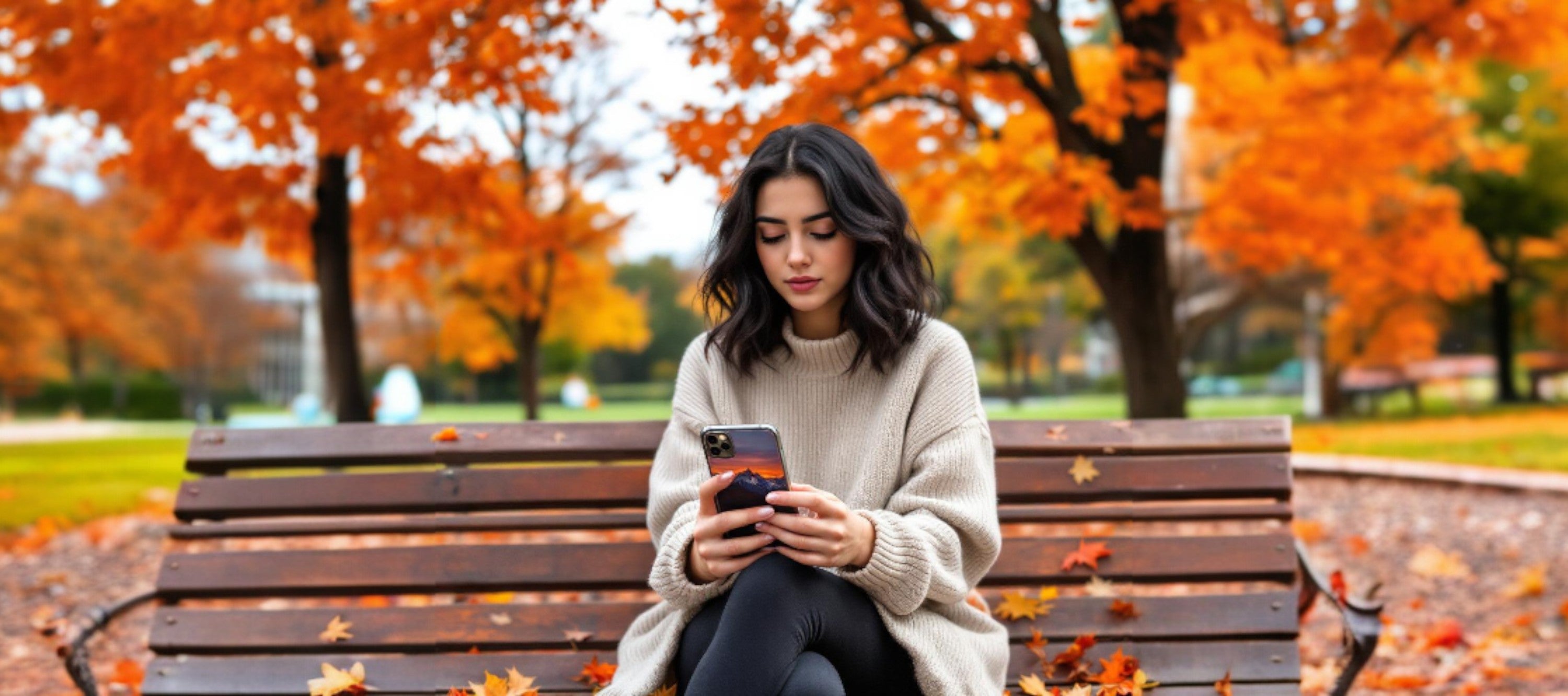 Autumn backdrop, a young woman sitting on a bench texting on an iphone with a mountain design or image case1621243260e1af0c20-0